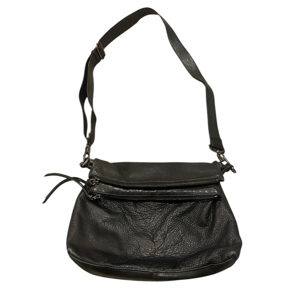 Margot Double Zip Top Fold Over Black Leather Crossbody Shoulder Tote Purse Bag